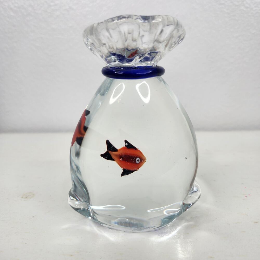 Hand Blown Glass Fish in a Bag Drawstring Paperweight Art Glass Figurine